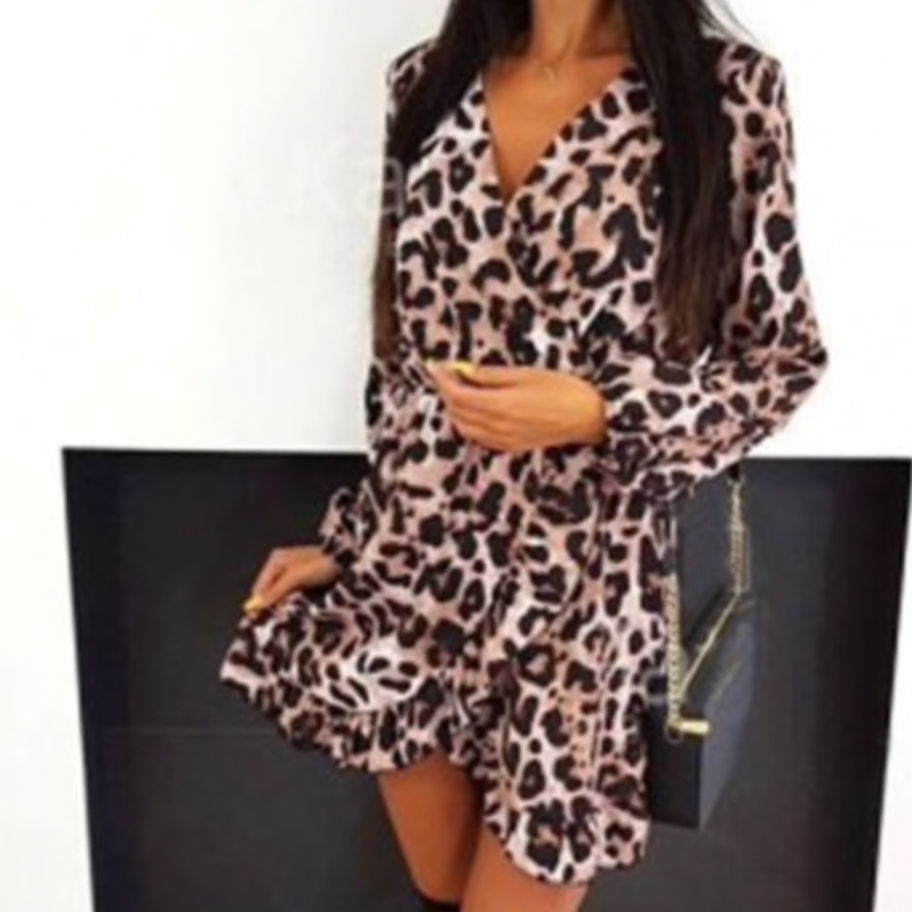 Long Sleeve Leopard Printed Short Mini Dress